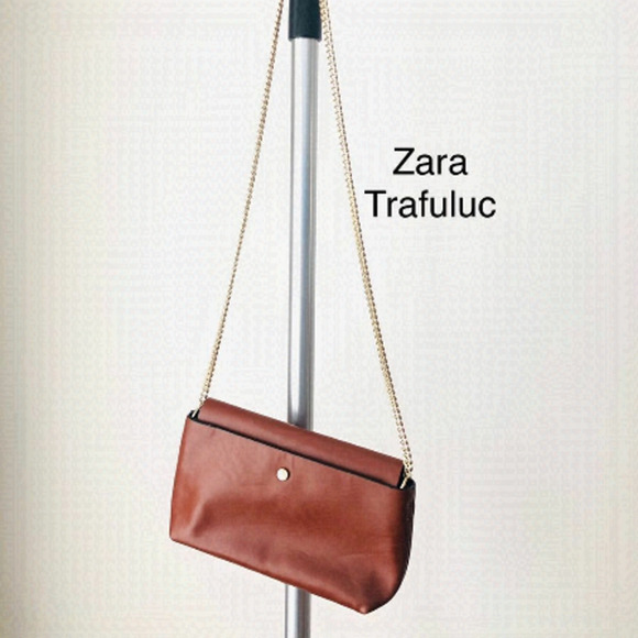 Zara Trafaluc Cognac Colour Crossbody Purse W/ Gold Chain‎ - Picture 1 of 5